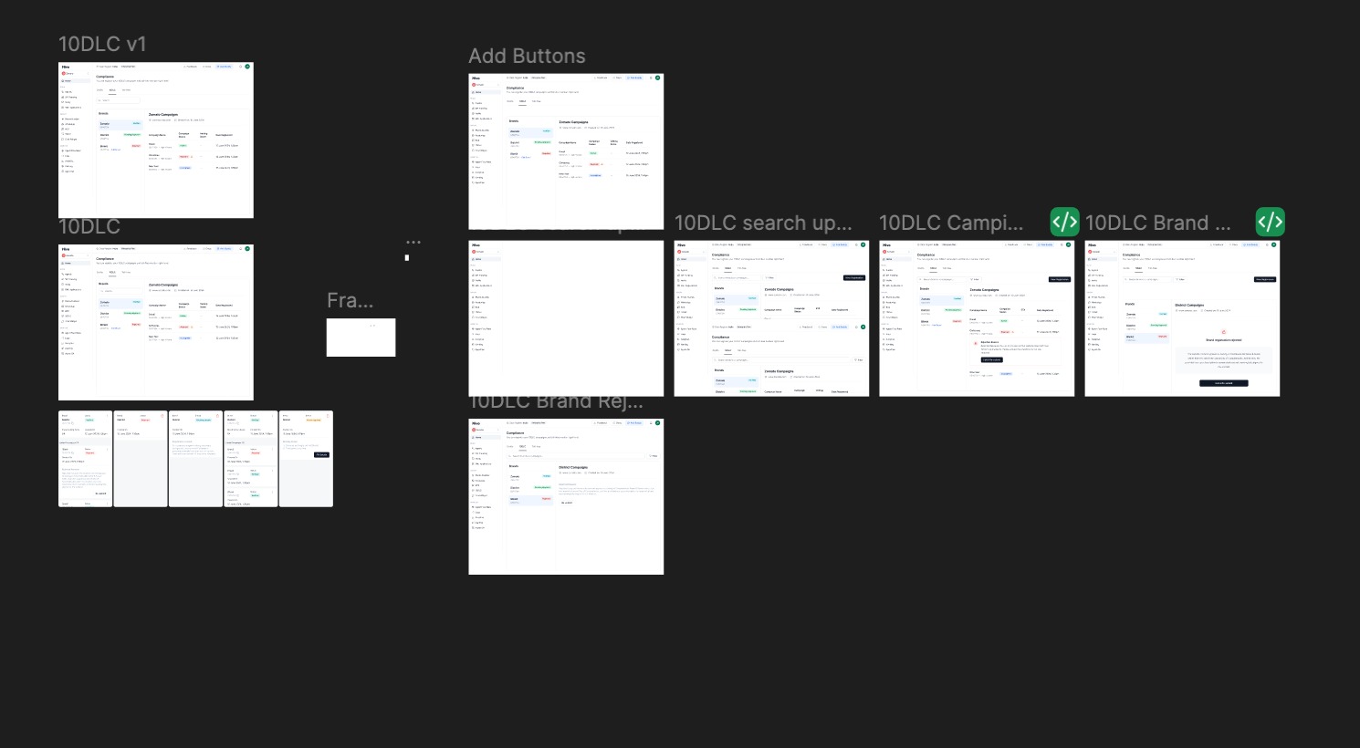 Figma canvas with multiple labeled iterations of the 10DLC compliance surface.