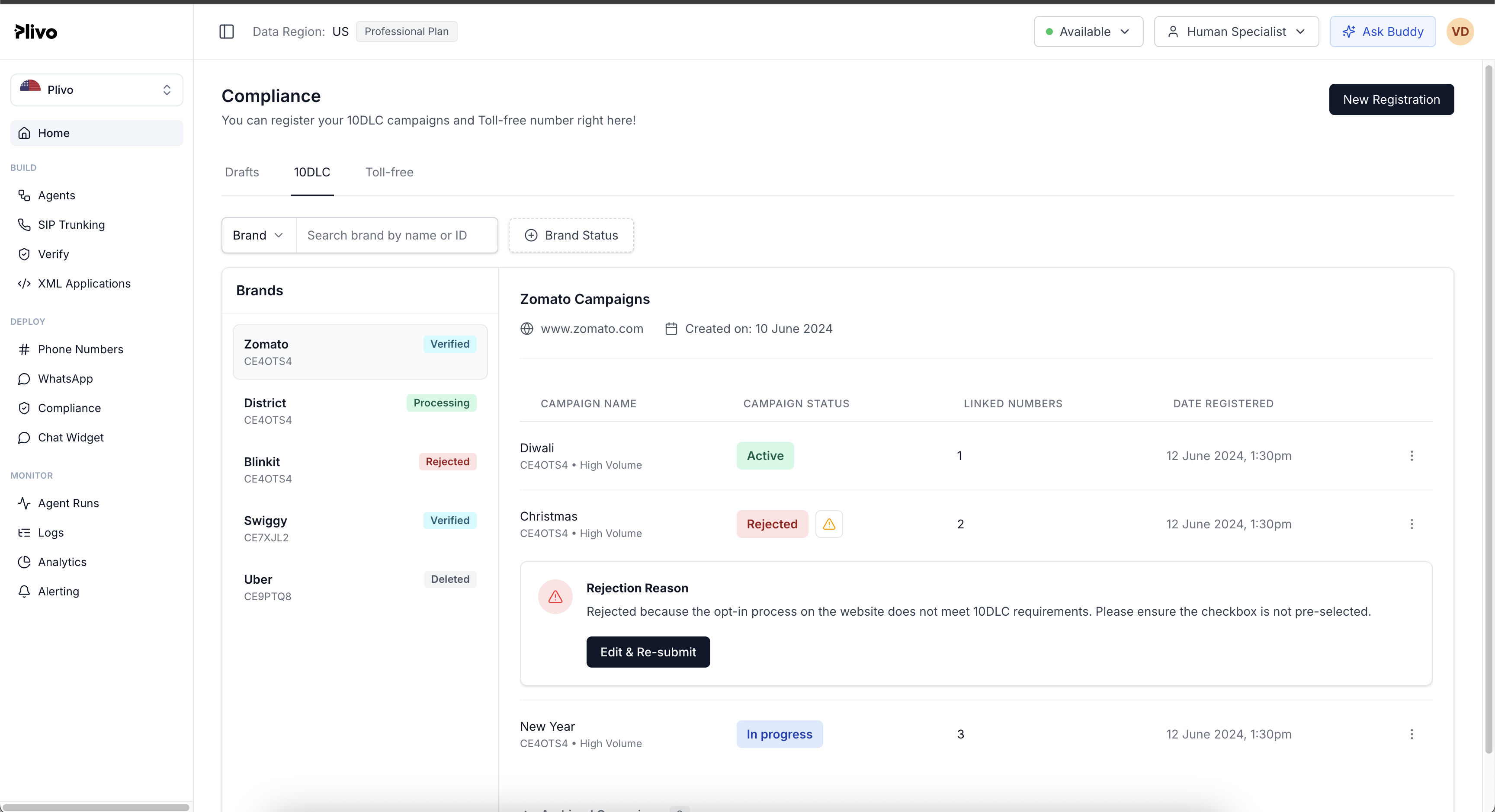 Plivo Compliance · 10DLC tab, brands on the left, Zomato's campaigns on the right with an inline rejection reason and Edit & Re-submit action.