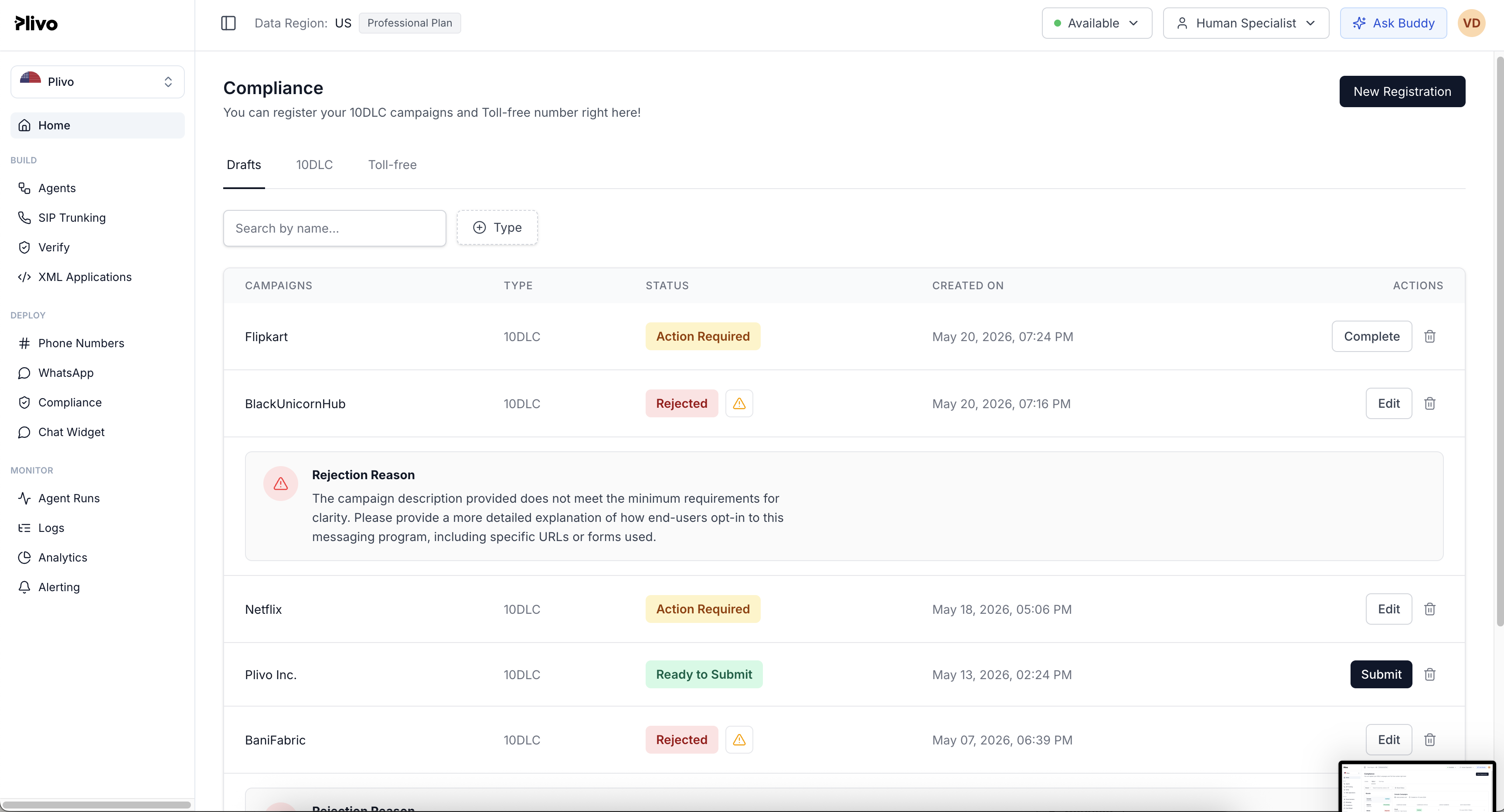 Plivo Compliance · Drafts tab, 10DLC campaigns with status pills and inline rejection reasons.